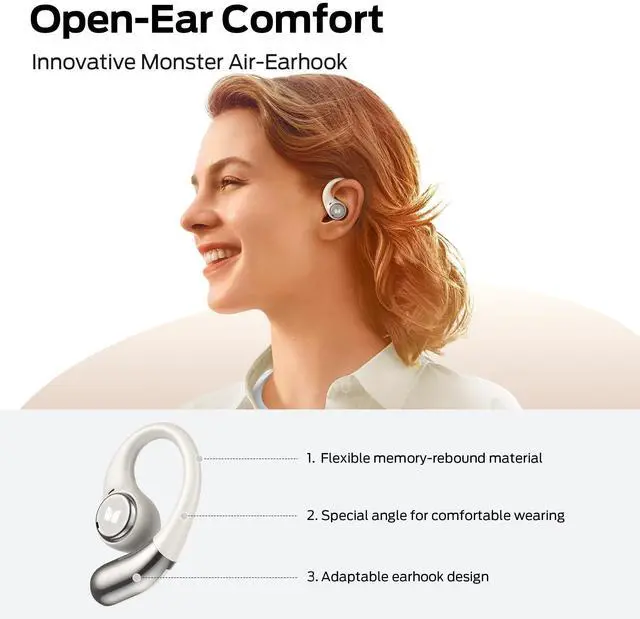 Alt view image 5 of 5 - Monster Open Ear AC336 Headphones, Bluetooth 6.0 Wireless Earbuds with Stereo Sound, ENC Clear Call, 21H Playtime, Type-C Charging, Touch Control, IPX6 Waterproof Open Ear Earbuds for Sports