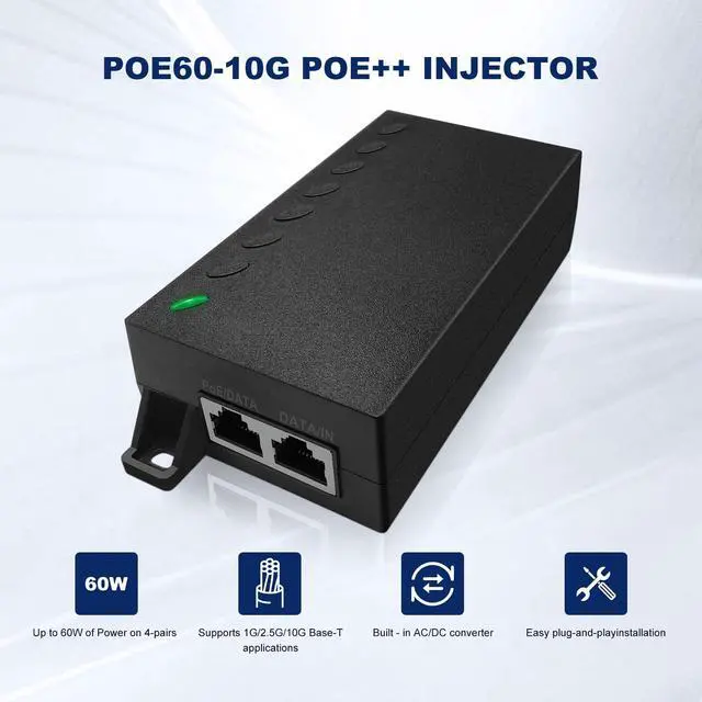 Alt view image 2 of 5 - POE60-10G PoE++ Injector, 1G/2.5G/5G/10Gbps Ethernet, Up to 60W Power Supply, IEEE 802.3af/at/bt Compliant, 100M (328Ft) Transmission Distance