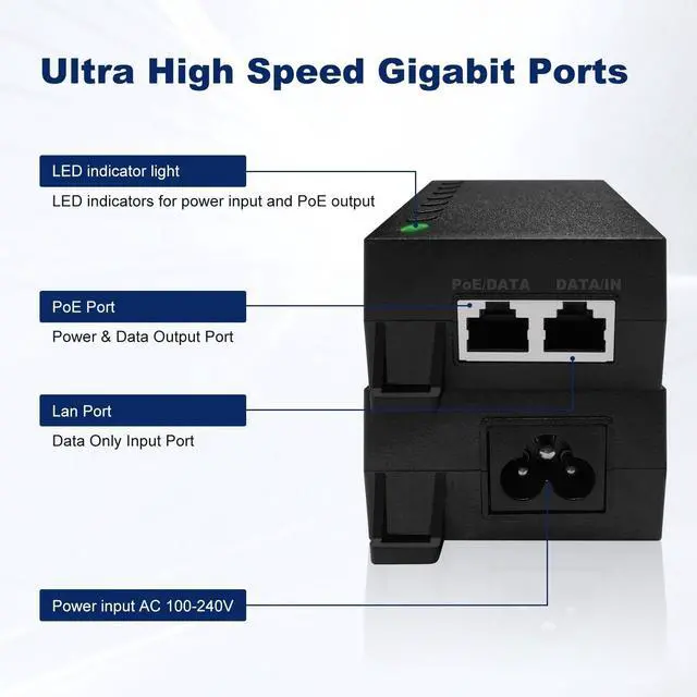 Alt view image 3 of 5 - POE60-10G PoE++ Injector, 1G/2.5G/5G/10Gbps Ethernet, Up to 60W Power Supply, IEEE 802.3af/at/bt Compliant, 100M (328Ft) Transmission Distance