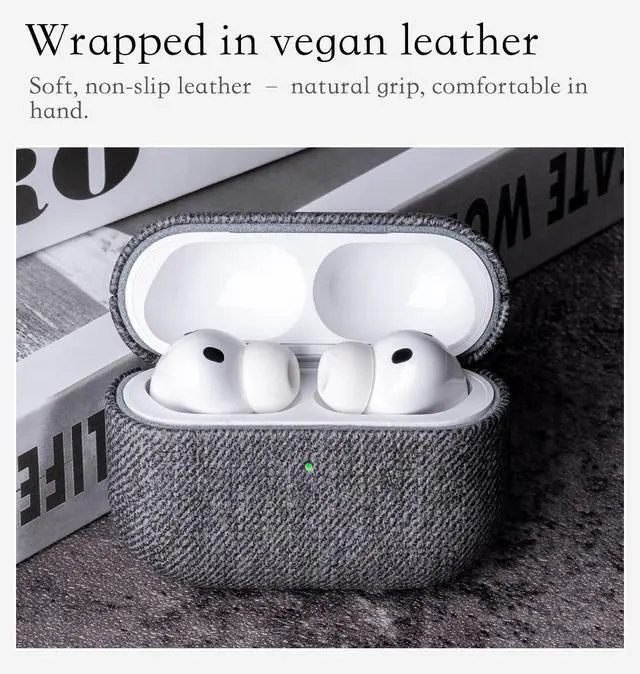 Alt view image 3 of 5 - HanFab for AirPods Pro 2 Case Cover - Full Vegan Leather Wrap, No Plastic Seen or Felt ^^ Woolen Fabric Finish Synthetic Leather ^^ Scratch Proof Microfiber Lining ^^ Hard Case for AirPo