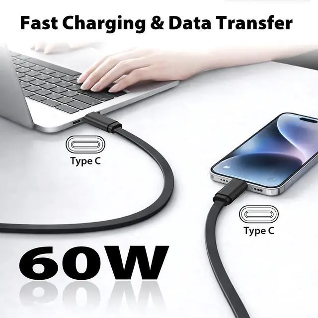 Alt view image 3 of 5 - Travel Depot Flat USB C Cable 3-Pack, 60W Fast Charging & Data Sync, 4ft Type C Flat Charging Cables, Durable TangleFree Design, Wide Device Compatibility, Color Combo, Includes Travel Storage Bag