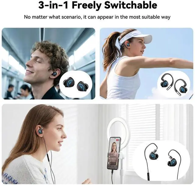 Alt view image 4 of 5 - 3 in 1 Detachable Earbuds, In-Ear/Over-Ear/Wired Headphones with ANC Noise Canceling, Bluetooth Multipoint Connection, Wired Mode for Karaoke & Live Streaming, HiFi Sound for Sleep, Sports, Gaming