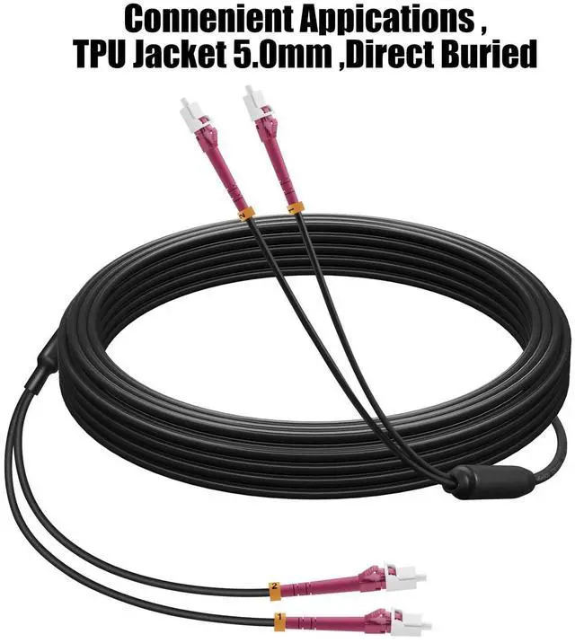 Alt view image 5 of 5 - 10M(33ft) Outdoor OM4 LC to LC Fiber Patch Cable,Armored Fiber Optic Cable Cord,10GB/40GB/100GB Multimode Jumper Duplex MMF 50/125um Industrial TPU OD-5.0mm Direct Burial Fiber Black