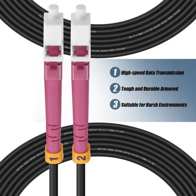 Alt view image 4 of 5 - 10M(33ft) Outdoor OM4 LC to LC Fiber Patch Cable,Armored Fiber Optic Cable Cord,10GB/40GB/100GB Multimode Jumper Duplex MMF 50/125um Industrial TPU OD-5.0mm Direct Burial Fiber Black