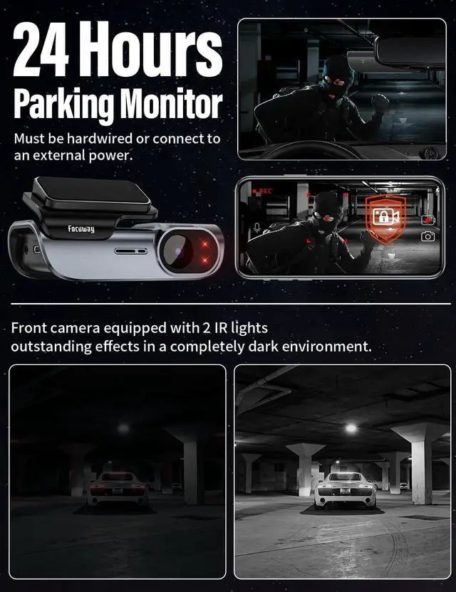 Alt view image 4 of 5 - FOCUWAY 4K Front and Rear Dash Cam: Fast 5GHz WiFi & Hands-Free Voice Control, Compact Hidden Design, 24/7 Parking Mode Recording, Supercapacitor & Type-C, Free 64GB Card, Super Night Vision