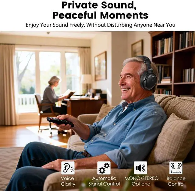 Alt view image 2 of 5 - SIMOLIO TV Headphones Wireless for Seniors with Transmitter, 3 Tone Modes with Clear Dialog, RF & Bluetooth Headphones for TV Watching, Zero Audio Delay, 164FT/50M Range, Optical, RCA, AUX Supp