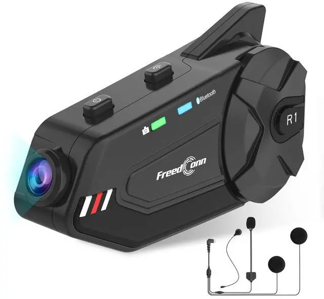 Main image of FreedConn Motorcycle Helmet Headset with Camera R1plus Helmet Intercom 1080P WiFi Motorcycle Communication Systems with CVC Noise Cancellation/Music Sharing /IP65 Waterproof(Comes with 64G TF Card)
