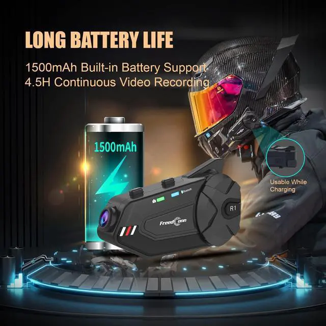 Alt view image 5 of 5 - FreedConn Motorcycle Helmet Headset with Camera R1plus Helmet Intercom 1080P WiFi Motorcycle Communication Systems with CVC Noise Cancellation/Music Sharing /IP65 Waterproof(Comes with 64G TF Card)