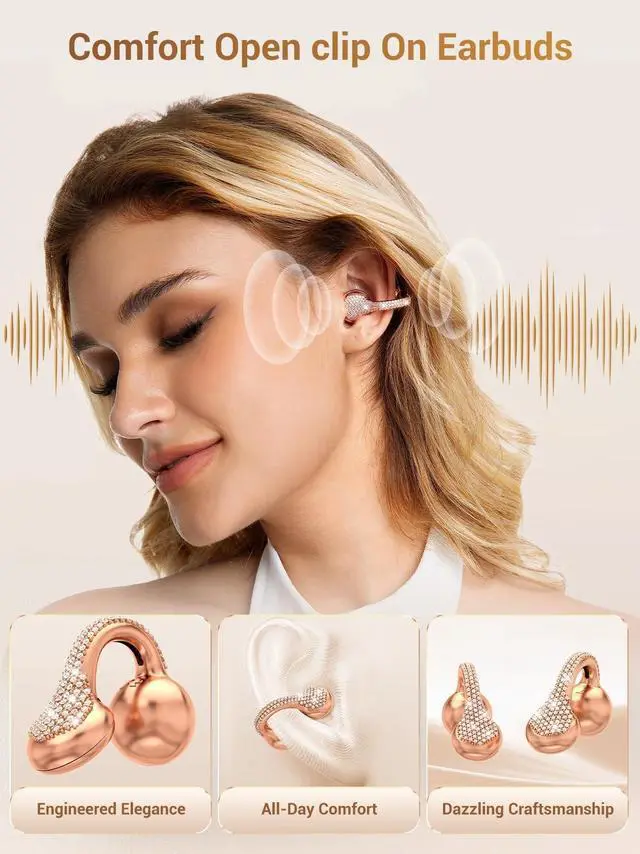 Alt view image 4 of 5 - JewelPods C01 Pro Open Ear Headphones,Clip-on Earbuds Wireless Bluetooth with Crystal, Secure, Lightweight, Premium Audio-Water Resistant-Up to 72 hrs Play, Leather Charging Case,Gift for Her