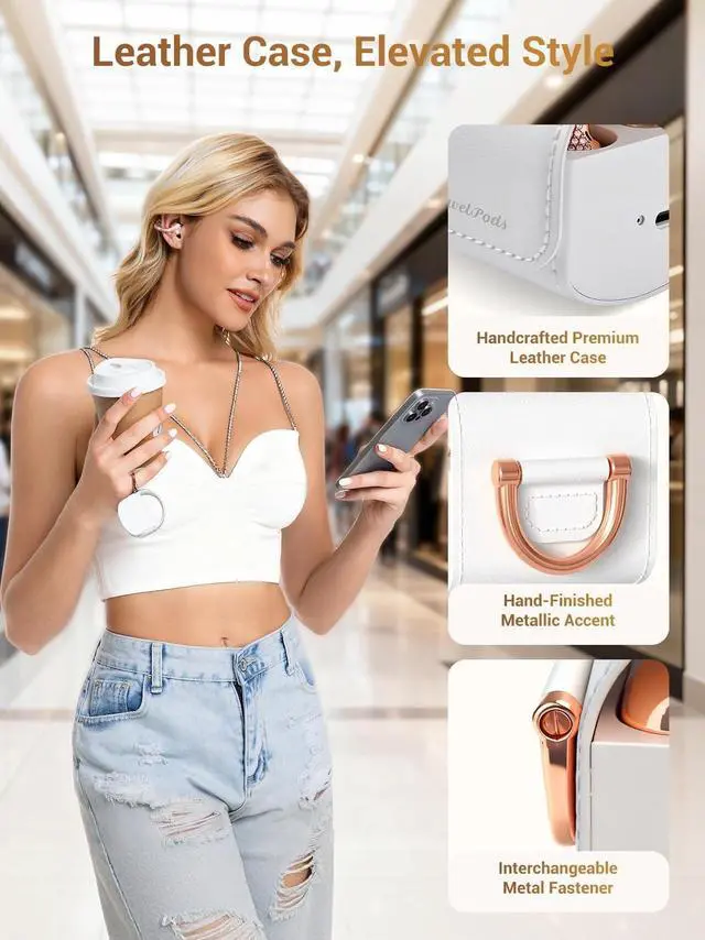 Alt view image 3 of 5 - JewelPods C01 Pro Open Ear Headphones,Clip-on Earbuds Wireless Bluetooth with Crystal, Secure, Lightweight, Premium Audio-Water Resistant-Up to 72 hrs Play, Leather Charging Case,Gift for Her