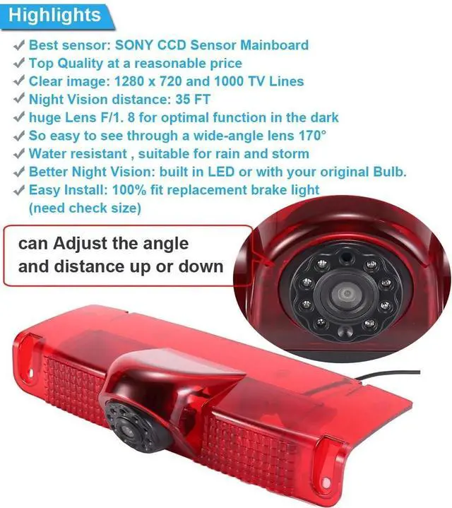 Alt view image 5 of 5 - Car Third Roof Top Mount Brake Lamp Light Rear View Reverse Parking Camera,Replacement for Chevrolet Express GMC Chevy Savana Exporer Vans Cargo Van 2003-2018(with 7 inch Rear View Mirror)