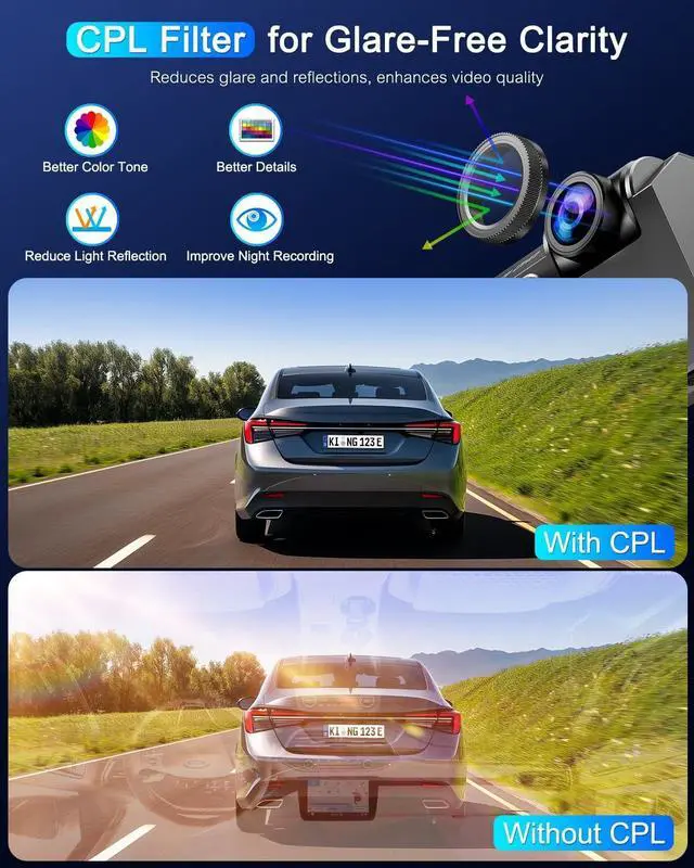 Alt view image 2 of 5 - Dash Cam Front and Rear 5GHz WiFi Dashcam with CPL, 4K+1080P Dual Dash Camera for Cars, 3.69" IPS Screen Dashcam with 64GB SD Card, App Control, 24H Parking Mode, Super Night Vision, Loop Recording