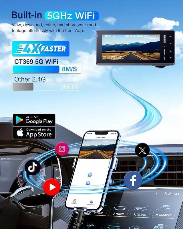 Alt view image 3 of 5 - Dash Cam Front and Rear 5GHz WiFi Dashcam with CPL, 4K+1080P Dual Dash Camera for Cars, 3.69" IPS Screen Dashcam with 64GB SD Card, App Control, 24H Parking Mode, Super Night Vision, Loop Recording