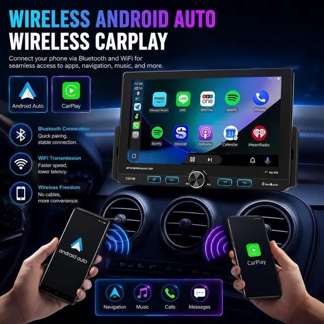 Alt view image 2 of 5 - 7 Inch Single Din Car Stereo Wireless Apple CarPlay & Android Auto, Detachable Rotatable HD Touchscreen Radio with Bluetooth 5.2, FM AM RDS, USB Type-C, MP5 Player, Backup Camera Input, 425W