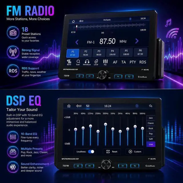 Alt view image 5 of 5 - 7 Inch Single Din Car Stereo Wireless Apple CarPlay & Android Auto, Detachable Rotatable HD Touchscreen Radio with Bluetooth 5.2, FM AM RDS, USB Type-C, MP5 Player, Backup Camera Input, 425W
