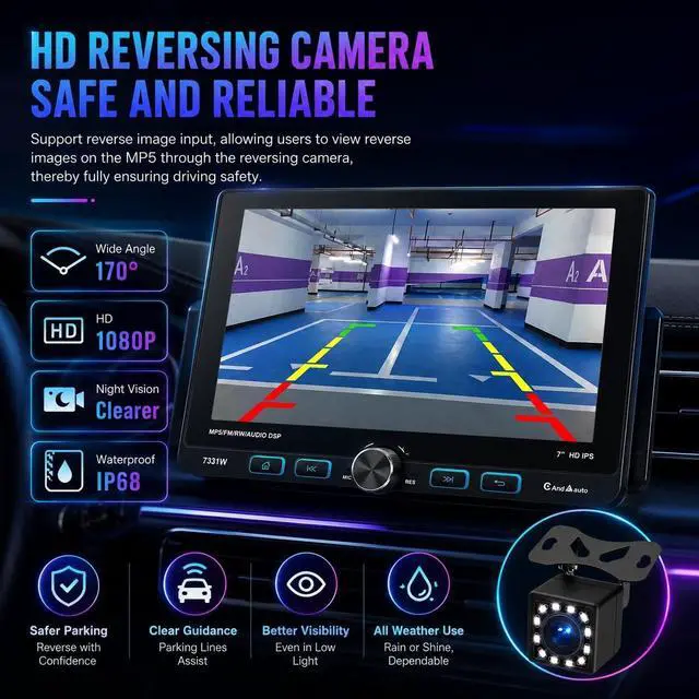 Alt view image 3 of 5 - 7 Inch Single Din Car Stereo Wireless Apple CarPlay & Android Auto, Detachable Rotatable HD Touchscreen Radio with Bluetooth 5.2, FM AM RDS, USB Type-C, MP5 Player, Backup Camera Input, 425W