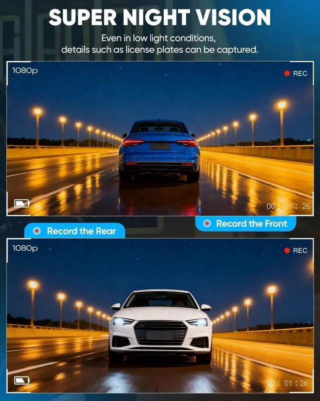 Alt view image 4 of 5 - Saker Front & Rear Dashcam 1080P:Upgraded 2025 Dual Channel Car Camera with 150 Wide Dashcam,Night Vision,180 Rotatable Interior View, 24H Parking Monitor, Loop Recording