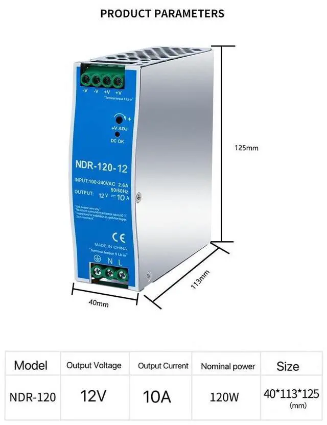 Alt view image 2 of 5 - Nixesky 12VDC DIN Rail Power Supply NDR120-12 120W 12V 10A with Dual Output 120VAC to 12VDC