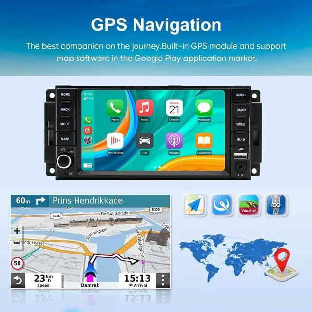 Alt view image 2 of 5 - Surakey Car Stereo Radio for RAM 1500 2500 3500 2009-2012 Android 14 for CarPlay Wireless Android Auto 4G+64G 7in Screen GPS Navigation with Bluetooth WiFi FM SWC Mirror Link Split Screen USB/A