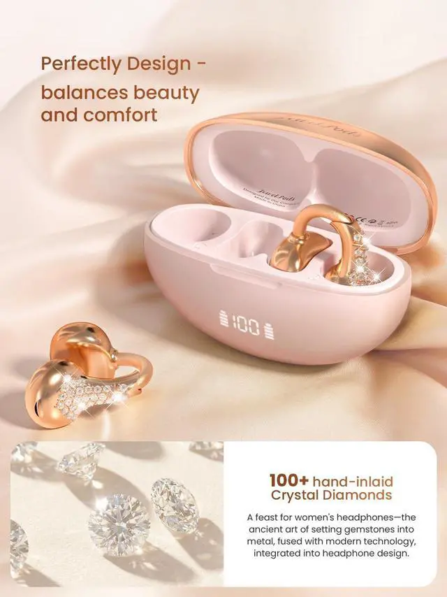 Alt view image 2 of 5 - FUNNYEAH JewelPods C3 Wireless Earbuds, Jeweled Open-Ear Bluetooth Headphones for All-Day Comfort, Ultra-Light Memory Wire Clip-On, 60H Playtime, Sweat & Water Resistant, Premium Sound, Rose Go