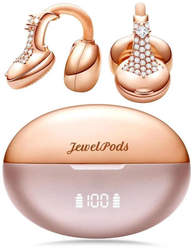 Main image of FUNNYEAH JewelPods C3 Wireless Earbuds, Jeweled Open-Ear Bluetooth Headphones for All-Day Comfort, Ultra-Light Memory Wire Clip-On, 60H Playtime, Sweat & Water Resistant, Premium Sound, Rose Go