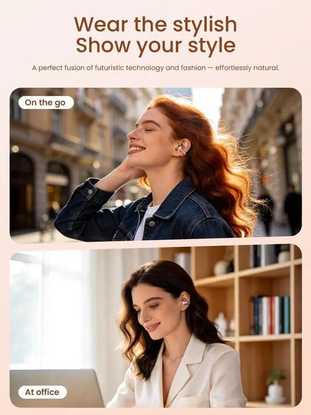 Alt view image 4 of 5 - FUNNYEAH JewelPods C3 Wireless Earbuds, Jeweled Open-Ear Bluetooth Headphones for All-Day Comfort, Ultra-Light Memory Wire Clip-On, 60H Playtime, Sweat & Water Resistant, Premium Sound, Rose Go