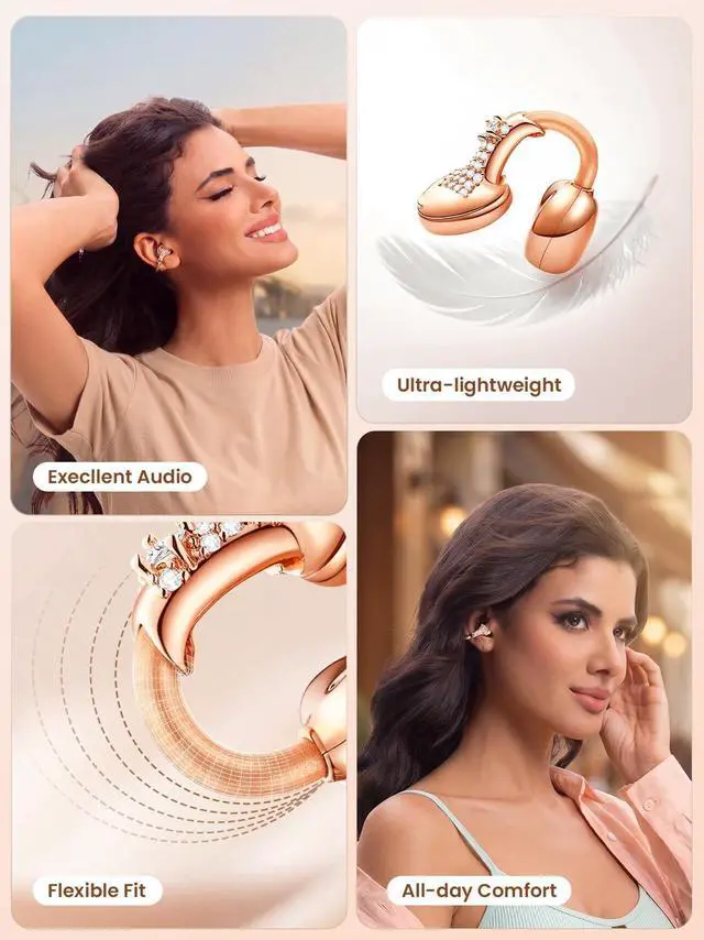Alt view image 5 of 5 - FUNNYEAH JewelPods C3 Wireless Earbuds, Jeweled Open-Ear Bluetooth Headphones for All-Day Comfort, Ultra-Light Memory Wire Clip-On, 60H Playtime, Sweat & Water Resistant, Premium Sound, Rose Go