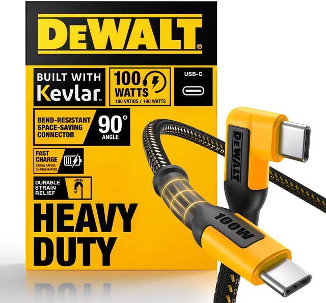 Main image of DEWALT Heavy Duty 90-Degree Angled 100W USB C Cable, Jobsite 100 Watt USB C Cable, High Speed Type-C to Type-C, PD USBC Fast Charging Cord for iPhone 17/16/15 Plus Pro Max MacBook iPad (6 ft)