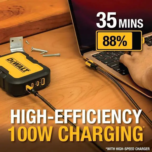 Alt view image 3 of 5 - DEWALT Heavy Duty 90-Degree Angled 100W USB C Cable, Jobsite 100 Watt USB C Cable, High Speed Type-C to Type-C, PD USBC Fast Charging Cord for iPhone 17/16/15 Plus Pro Max MacBook iPad (6 ft)