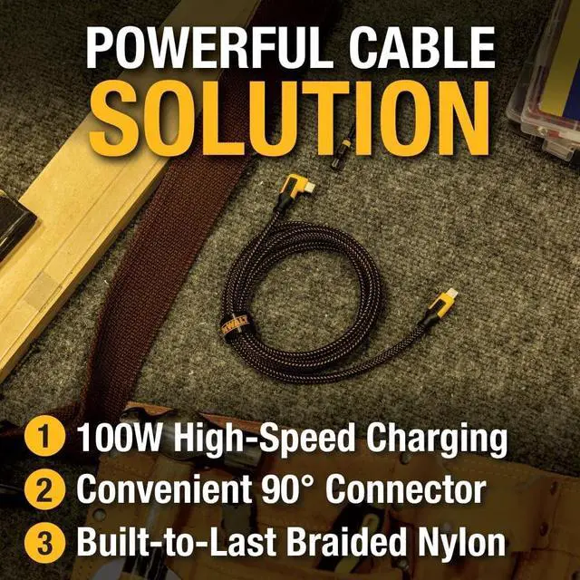 Alt view image 2 of 5 - DEWALT Heavy Duty 90-Degree Angled 100W USB C Cable, Jobsite 100 Watt USB C Cable, High Speed Type-C to Type-C, PD USBC Fast Charging Cord for iPhone 17/16/15 Plus Pro Max MacBook iPad (6 ft)