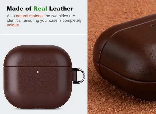 Alt view image 2 of 5 - Haobobro for AirPods 4th Generation Leather Case Cover - Leather from Cow hide, Handmade Drop Protective Hard Cover, Wireless Charging Compatible AirPods 4 Generation Case with Keychain - Coffe