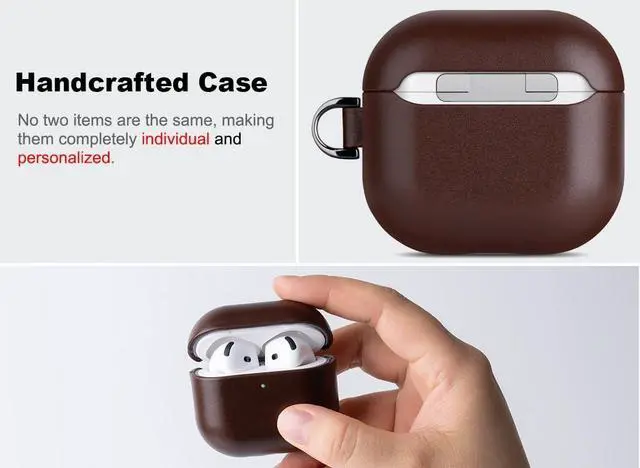 Alt view image 4 of 5 - Haobobro for AirPods 4th Generation Leather Case Cover - Leather from Cow hide, Handmade Drop Protective Hard Cover, Wireless Charging Compatible AirPods 4 Generation Case with Keychain - Coffe