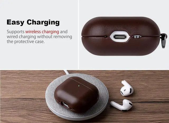 Alt view image 5 of 5 - Haobobro for AirPods 4th Generation Leather Case Cover - Leather from Cow hide, Handmade Drop Protective Hard Cover, Wireless Charging Compatible AirPods 4 Generation Case with Keychain - Coffe