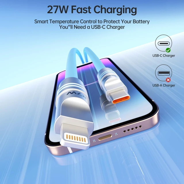 Alt view image 2 of 5 - Hichain USB C to Lightning Cable 6.5 FT 2 Pack Chubby Lightning Cable Ultr-Soft Silicone iPhone Fast Chubby Charging Cable, MFi Certified for iPhone 14 13 12 11 X 8 Pro Max Plus and More Blue