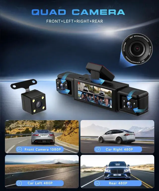Alt view image 2 of 5 - KYNNT 360 Dash Cam 1080P Front+480P Rear Left Right, 4 Channel Dash Cam for Car, 3.16 Inch IPS Dashcams with Night Vision, Loop Recording, Motion Detection, 24/7 Parking Monitor, Reversing Help