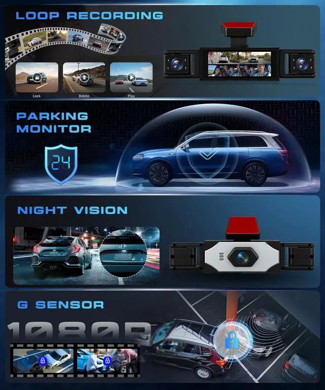 Alt view image 4 of 5 - KYNNT 360 Dash Cam 1080P Front+480P Rear Left Right, 4 Channel Dash Cam for Car, 3.16 Inch IPS Dashcams with Night Vision, Loop Recording, Motion Detection, 24/7 Parking Monitor, Reversing Help