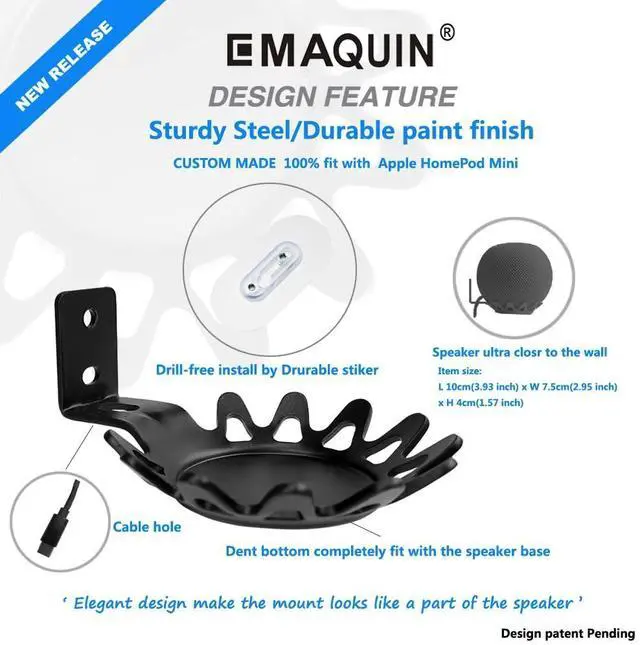 Alt view image 4 of 5 - EMAQUIN Wall Mounts Brackets-Pair Set for Homepod Mini (Drill Free,Sturdy Metal,Enduring Paint Finish,Easy Install on The Wall,Compatible with Homepod Mini,Pair Set Include 2 PCS,Black)