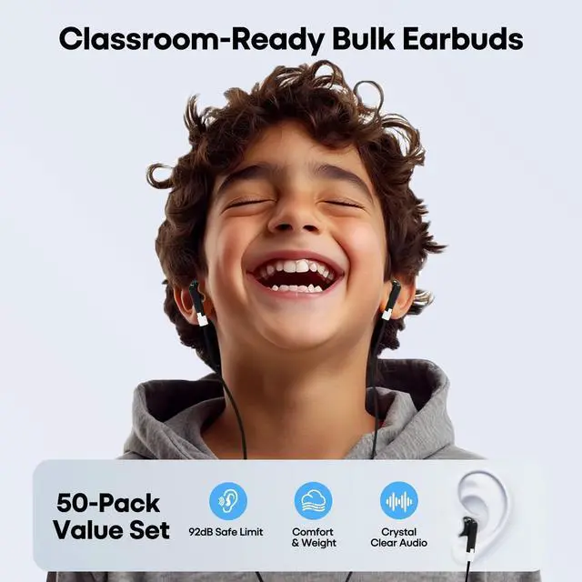 Alt view image 3 of 5 - Ladont 100-Pack Kids Bulk Earbuds for Classroom, Wired Headphones for Students, School Earphones for Computer Labs, Audiometer, in-Ear for Online Learning & Chromebook (Black)