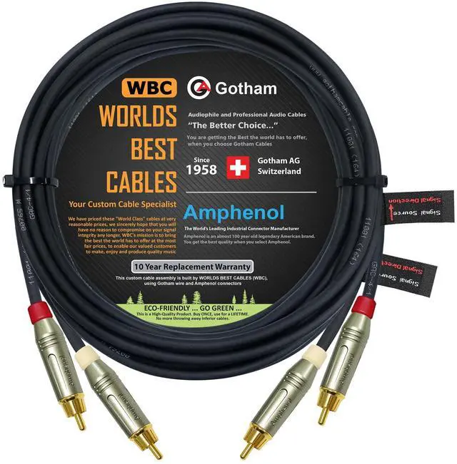 Main image of 16 Foot RCA Cable Pair - Gotham GAC-4/1 (Black) Star-Quad Audio Interconnect Cable with Amphenol ACPR Die-Cast, Gold Plated RCA Connectors - Directional