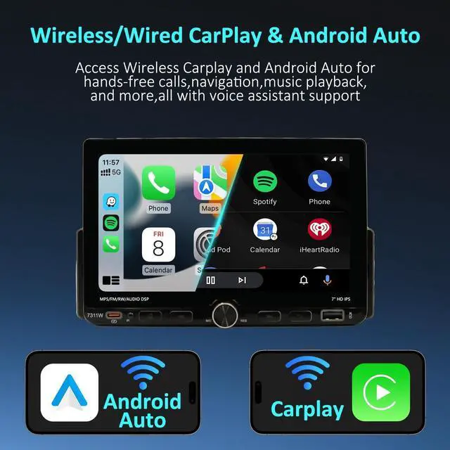 Alt view image 3 of 5 - Fast Boot 7inch Single DIN IPS Touchscreen Car Stereo with Wireless Apple CarPlay/Android Auto Bluetooth5.2, USB/Type-C Fast Charging, AM/FM Radio DSP SWC 180W Subwoofer +Reverse Camera MIC