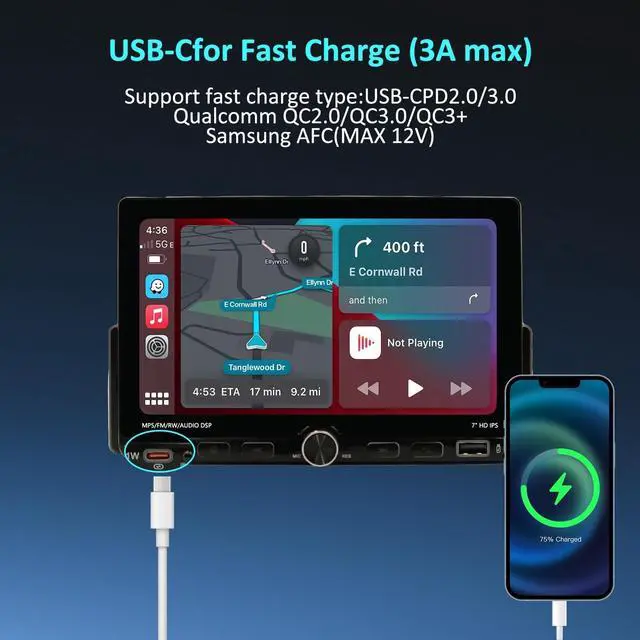 Alt view image 4 of 5 - Fast Boot 7inch Single DIN IPS Touchscreen Car Stereo with Wireless Apple CarPlay/Android Auto Bluetooth5.2, USB/Type-C Fast Charging, AM/FM Radio DSP SWC 180W Subwoofer +Reverse Camera MIC