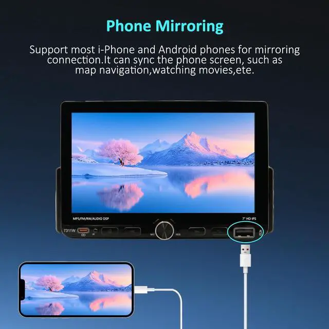 Alt view image 5 of 5 - Fast Boot 7inch Single DIN IPS Touchscreen Car Stereo with Wireless Apple CarPlay/Android Auto Bluetooth5.2, USB/Type-C Fast Charging, AM/FM Radio DSP SWC 180W Subwoofer +Reverse Camera MIC
