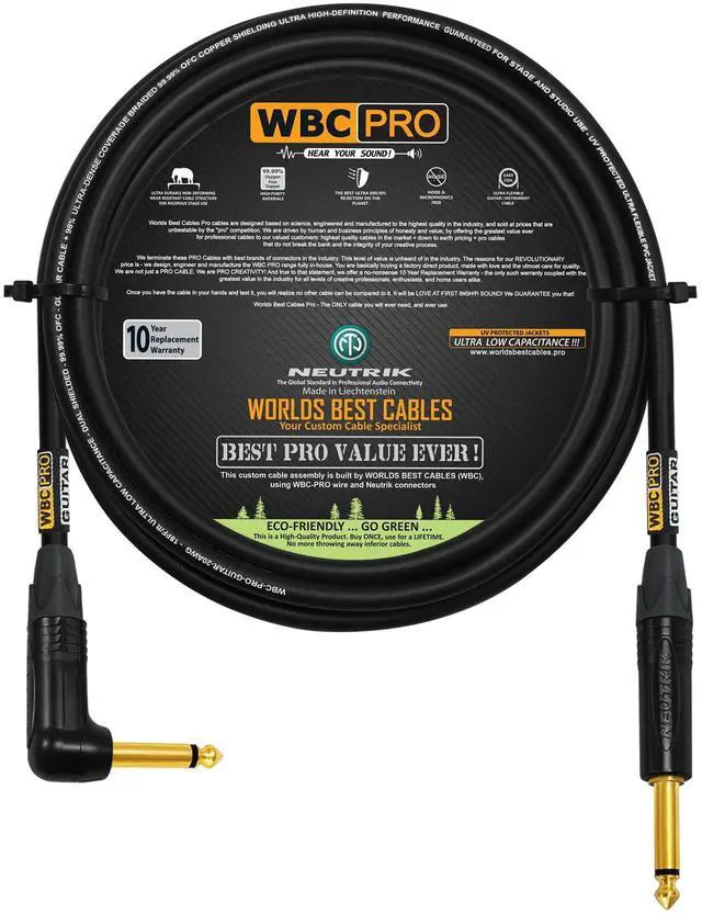 Main image of 15 Foot - WBC-PRO-Guitar 20 AWG - Low-Cap (18pF/ft) Pro-Grade Graphite-Based - Dual-Shielded Guitar, Bass, Instrument Cable with Neutrik Straight to Angled Inch (6.35mm) Gold TS Connectors