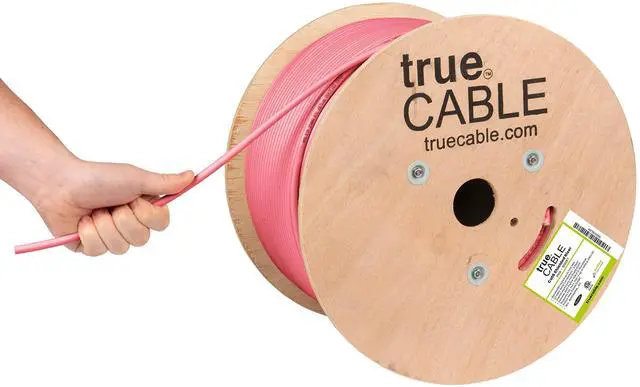 Main image of TRUE CABLE Cat6 Shielded Riser (CMR) Bulk Ethernet Cable, 1000ft, Pink, 23AWG Solid Bare Copper, 550MHz, Overall Aluminum Foil Shield (F/UTP), PoE++ 100W, ETL Listed