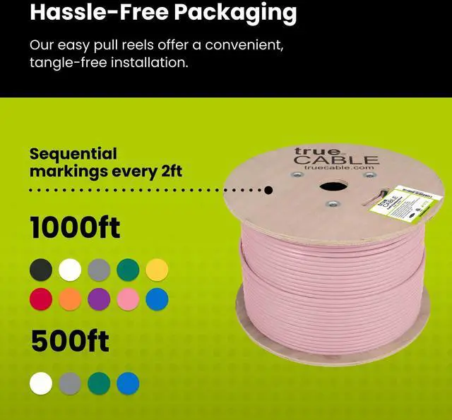 Alt view image 5 of 5 - TRUE CABLE Cat6 Shielded Riser (CMR) Bulk Ethernet Cable, 1000ft, Pink, 23AWG Solid Bare Copper, 550MHz, Overall Aluminum Foil Shield (F/UTP), PoE++ 100W, ETL Listed