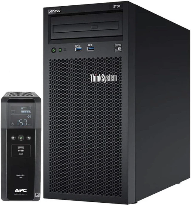 Main image of Lenovo ThinkSystem ST50 Tower Server Bundle Including APC BR1500MS 1500VA UPS, Intel Xeon 3.4GHz CPU, 64GB DDR4 2666MHz RAM, 12TB HDD Storage, JBOD RAID