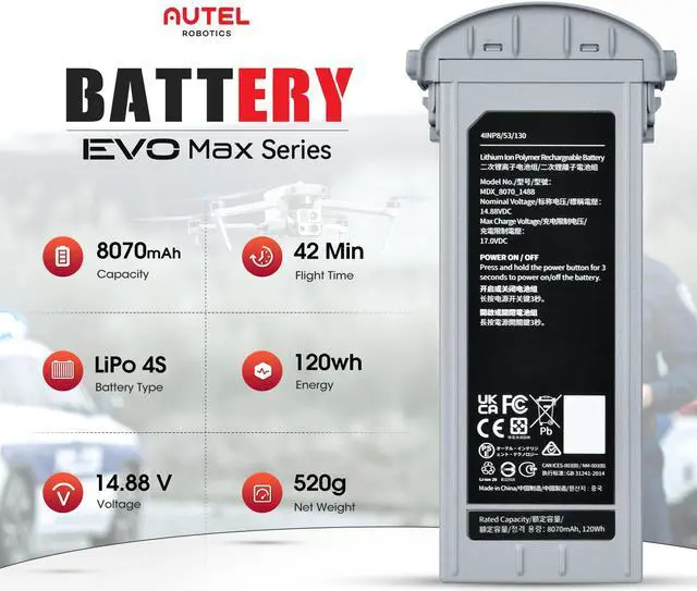 Alt view image 2 of 7 - Autel Robotics EVO Max Series Original Battery 8070mAh 14.88V LiPo 4S Battery 120wh Energy -20ºC to 45ºC Charging Temperature
