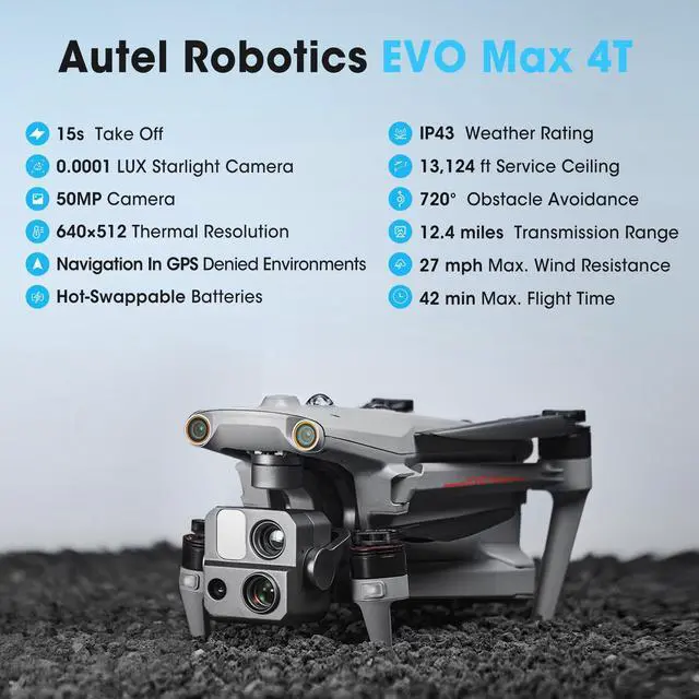 Alt view image 2 of 7 - Autel Robotics EVO MAX 4T Drone, Support Remote ID,1.28'' CMOS 50MP Wide Camera, 640x512 Thermal Camera, L-aser Rangefinder, 48MP Zoom Camera, No Blind Spots, A-Mesh 1.0 Networking, Triple A-nti J-amm