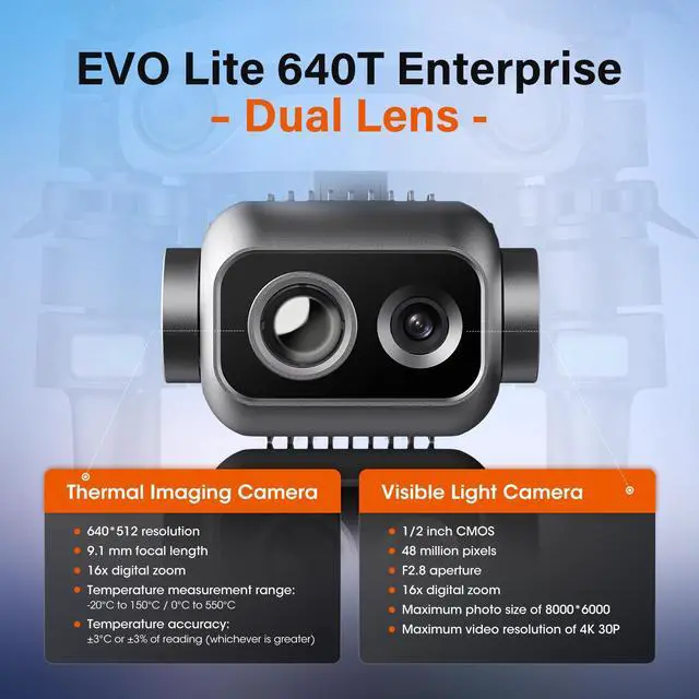 Alt view image 3 of 7 - Autel Robotics EVO Lite 640T Enterprise, 640 * 512 30Hz Thermal&1/2'' CMOS 48MP Camera, AI Target Recognition, 42 Minutes,12KM Transmission, Support Remote ID