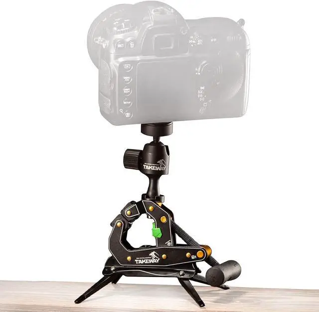 Main image of TAKEWAY Camera Clamp Mount Tabletop C Clamp Mount Stand with Phone Holder, 360°Rotatable Mini Ball Head and 1/4" Screew Quick Release Clamp for GoPro/Brinno/DSLR/MILC/SLR Camera and Smartphone